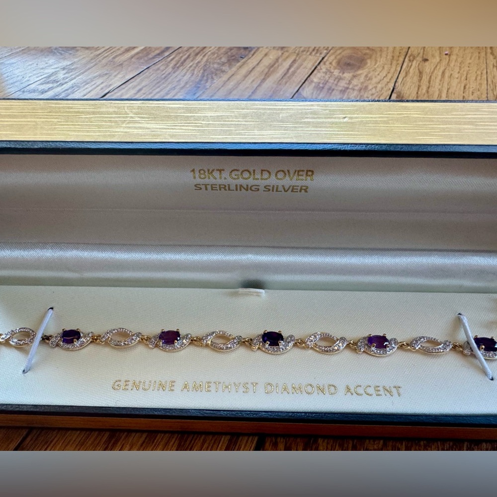 Genuine Amethyst Bracelet with Diamond Accent - 18KT Gold Over Sterling Silver